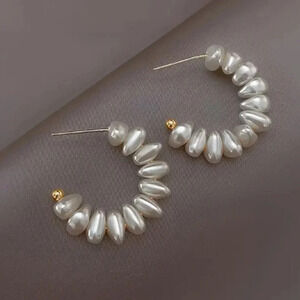 Stacked Faux Pearl Hoop Earring - Gold Plated Findings - NEW